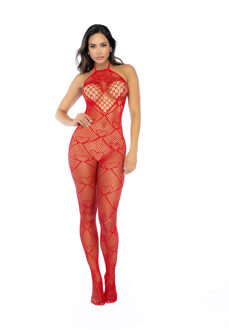 Hart Visnet Bodystocking met Strass Detail - Één Maat - Rood
