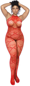 Hart Visnet Bodystocking met Strass Detail - Koning Maat - Rood