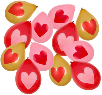Hartjes ballonnen - 12x st - Rood, roze en goud - 30 cm - Valentijn - bruiloft versiering