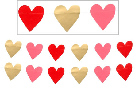 Hartjes slinger - 2x - rood, roze en goud - 2 meter - karton - Valentijn/bruiloft versiering - decor