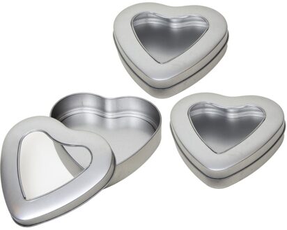 Hartjes vorm opbergblik/bewaarblik met venster - 3x - 13 x 13 x 3 cm - Cadeauverpakking