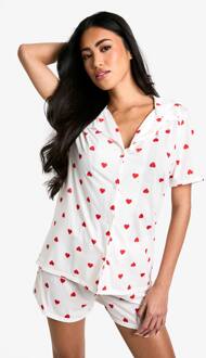 Hartprint Korte Mouwen Shirt & Shorts Pyjama Set, Cream - 36
