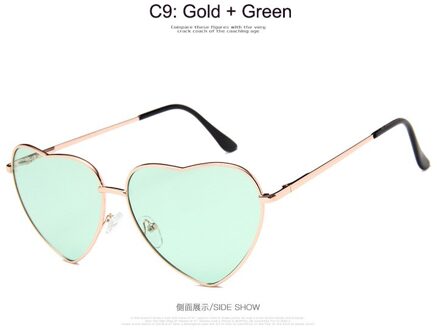 Hartvormige Zonnebril Vrouwen Metalen Frame Reflecterende Lens Zon Zonnebril Mannen Spiegel Oculos De Sol UV400 Groen