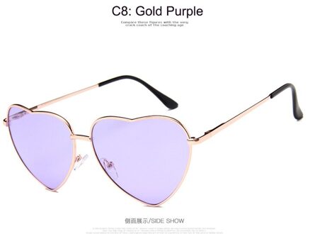 Hartvormige Zonnebril Vrouwen Metalen Frame Reflecterende Lens Zon Zonnebril Mannen Spiegel Oculos De Sol UV400 Paars