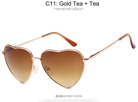 Hartvormige Zonnebril Vrouwen Metalen Frame Reflecterende Lens Zon Zonnebril Mannen Spiegel Oculos De Sol UV400 thee