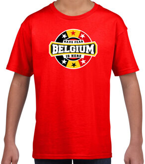 Have fear Belgium is here t-shirt met sterren embleem in de kleuren van de Belgische vlag - rood - kids - Belgie supporter / Belgisch elftal fan shirt / EK / WK / kleding S (122-128)