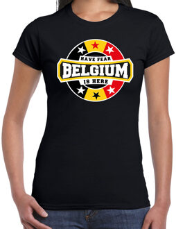 Have fear Belgium is here t-shirt met sterren embleem in de kleuren van de Belgische vlag - zwart - dames - Belgie supporter / Belgisch elftal fan shirt / EK / WK / kleding S