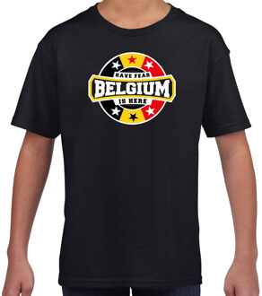 Have fear Belgium is here t-shirt met sterren embleem in de kleuren van de Belgische vlag - zwart - kids - Belgie supporter / Belgisch elftal fan shirt / EK / WK / kleding M (134-140)