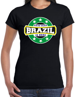 Have fear Brazil is here / Brazilie supporter t-shirt zwart voor dames 2XL