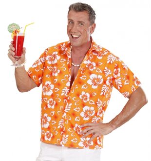 Hawaii blouse oranje met witte bloemen verkleedkleding voor heren M/L - Carnavalsblouses