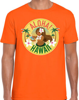 Hawaii feest t-shirt / shirt Aloha Hawaii voor heren - oranje - Hawaiiaanse party outfit / kleding/ verkleedkleding/ carnaval shirt L