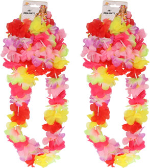 Hawaii krans/slinger set - 2x - Tropische/zomerse kleuren mix - Hoofd/polsen/hals slingers
