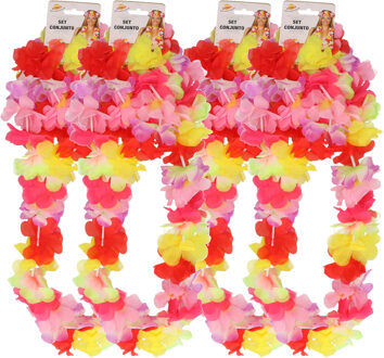 Hawaii krans/slinger set - 4x - Tropische/zomerse kleuren mix - Hoofd/polsen/hals slingers
