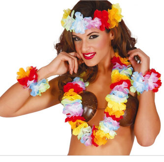Hawaii krans/slinger set - Tropische/zomerse kleuren mix - Hoofd/polsen/hals slingers Multi