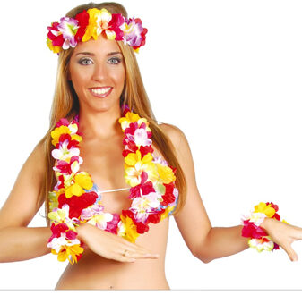Hawaii krans/slinger set - Tropische/zomerse kleuren mix - Hoofd/polsen/hals slingers