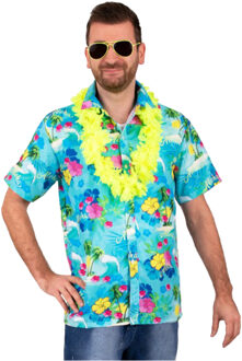 Hawaii shirt/blouse - Verkleedkleding - Heren - Tropische bloemen - blauw 50 (M) - Carnavalsblouses