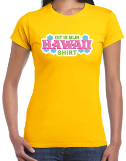 Hawaii shirt zomer t-shirt geel met roze letters voor dames 2XL - Feestshirts