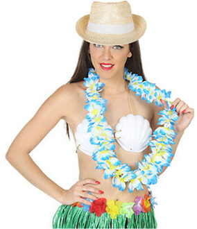 Hawaii thema party verkleedset - Strand strohoedje - bloemenkrans blauw/wit - Tropical toppers