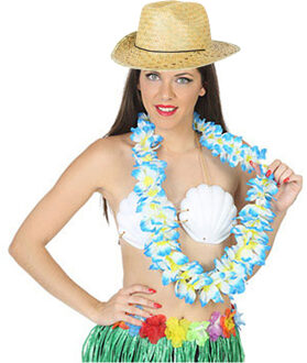 Hawaii thema party verkleedset - Strand strohoedje - bloemenkrans blauw/wit - Tropical toppers