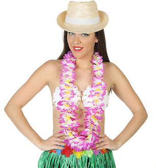 Hawaii thema party verkleedset - Strand strohoedje - bloemenkrans paars/wit - Tropical toppers