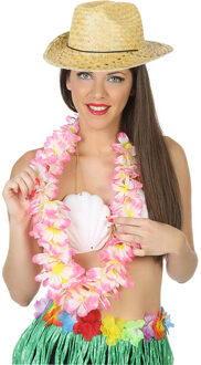Hawaii thema party verkleedset - Strand strohoedje - bloemenkrans roze/wit - Tropical toppers