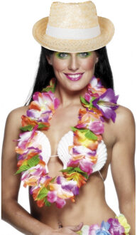 Hawaii thema party verkleedset - Strand strohoedje - en bloemenkrans kleuren mix