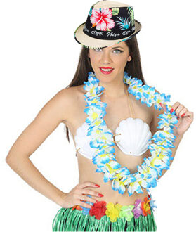 Hawaii thema party verkleedset - Trilby strohoedje - bloemenkrans blauw/wit - Tropical toppers