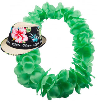 Hawaii thema party verkleedset - Trilby strohoedje - bloemenkrans fluor groen - Tropical toppers