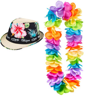 Hawaii thema party verkleedset - Trilby strohoedje - bloemenkrans kleurenmix - Tropical toppers