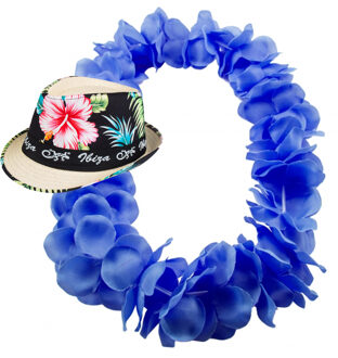 Hawaii thema party verkleedset - Trilby strohoedje - bloemenkrans knal blauw - Tropical toppers