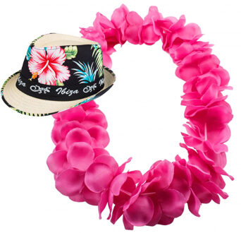 Hawaii thema party verkleedset - Trilby strohoedje - bloemenkrans knalroze - Tropical toppers