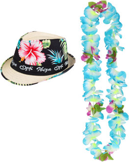 Hawaii thema party verkleedset - Trilby strohoedje - bloemenkrans lichtblauw/wit - Tropical toppers