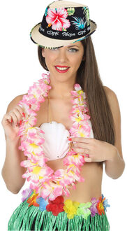 Hawaii thema party verkleedset - Trilby strohoedje - bloemenkrans roze/wit - Tropical toppers