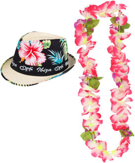 Hawaii thema party verkleedset - Trilby strohoedje - bloemenkrans roze/wit - Tropical toppers