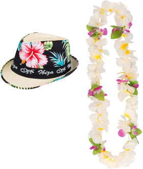 Hawaii thema party verkleedset - Trilby strohoedje - bloemenkrans wit/geel - Tropical toppers