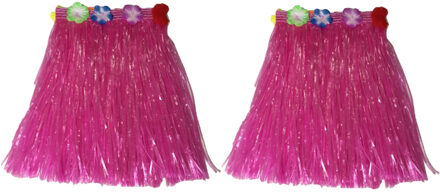 Hawaii thema verkleed rokje - 2x - raffia - roze - 40 cm - volwassenen - One size