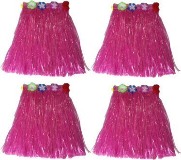 Hawaii thema verkleed rokje - 4x - raffia - roze - 40 cm - volwassenen - One size