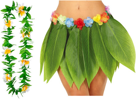 Hawaii verkleed hoela rokje en bloemenkrans - volwassenen - groen - tropisch themafeest - hoela - One size