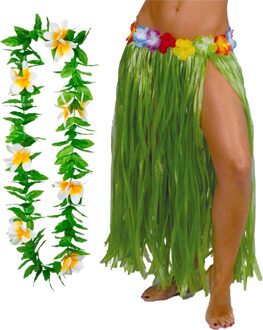 Hawaii verkleed hoela rokje en bloemenkrans - volwassenen - groen - tropisch themafeest - hoela - One size