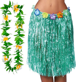Hawaii verkleed hoela rokje en bloemenkrans - volwassenen - groen - tropisch themafeest - hoela - One size
