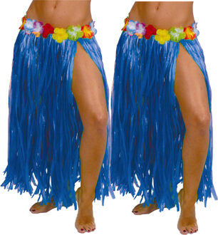 Hawaii verkleed rokje - 2x - voor volwassenen - blauw - 75 cm - rieten hoela rokje - tropisch - One size