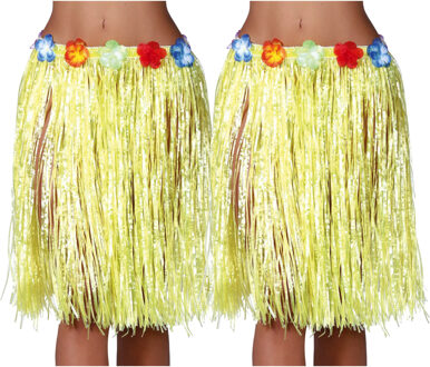 Hawaii verkleed rokje - 2x - voor volwassenen - geel - 50 cm - rieten hoela rokje - tropisch - One size