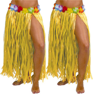 Hawaii verkleed rokje - 2x - voor volwassenen - geel - 75 cm - rieten hoela rokje - tropisch - One size