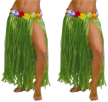 Hawaii verkleed rokje - 2x - voor volwassenen - groen - 75 cm - rieten hoela rokje - tropisch - One size