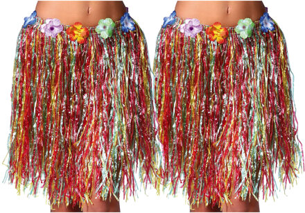Hawaii verkleed rokje - 2x - voor volwassenen - multicolour - 50 cm - rieten hoela rokje - tropisch One size