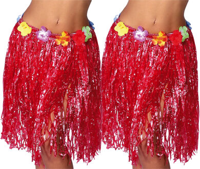 Hawaii verkleed rokje - 2x - voor volwassenen - rood - 50 cm - rieten hoela rokje - tropisch One size