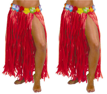 Hawaii verkleed rokje - 2x - voor volwassenen - rood - 75 cm - rieten hoela rokje - tropisch - One size