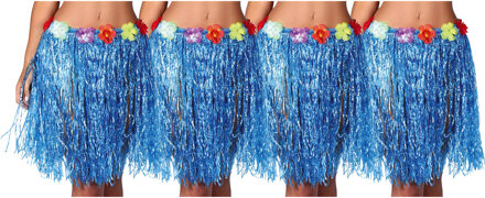 Hawaii verkleed rokje - 4x - voor volwassenen - blauw - 50 cm - rieten hoela rokje - tropisch - One size
