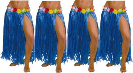 Hawaii verkleed rokje - 4x - voor volwassenen - blauw - 75 cm - rieten hoela rokje - tropisch One size