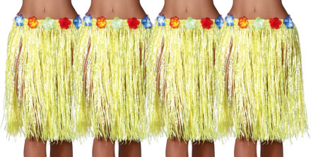 Hawaii verkleed rokje - 4x - voor volwassenen - geel - 50 cm - rieten hoela rokje - tropisch - One size